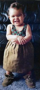 1996: Daughter Darienne in handmade hemp canvas dress and booties